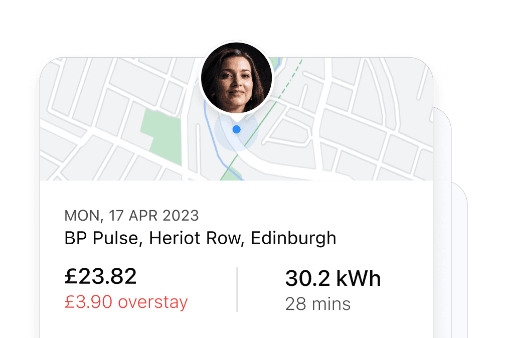 One charge as Bypass recorded it: where, how much, how many kWh, how long, and the overstay fee. Sample from the July 2023 homepage.