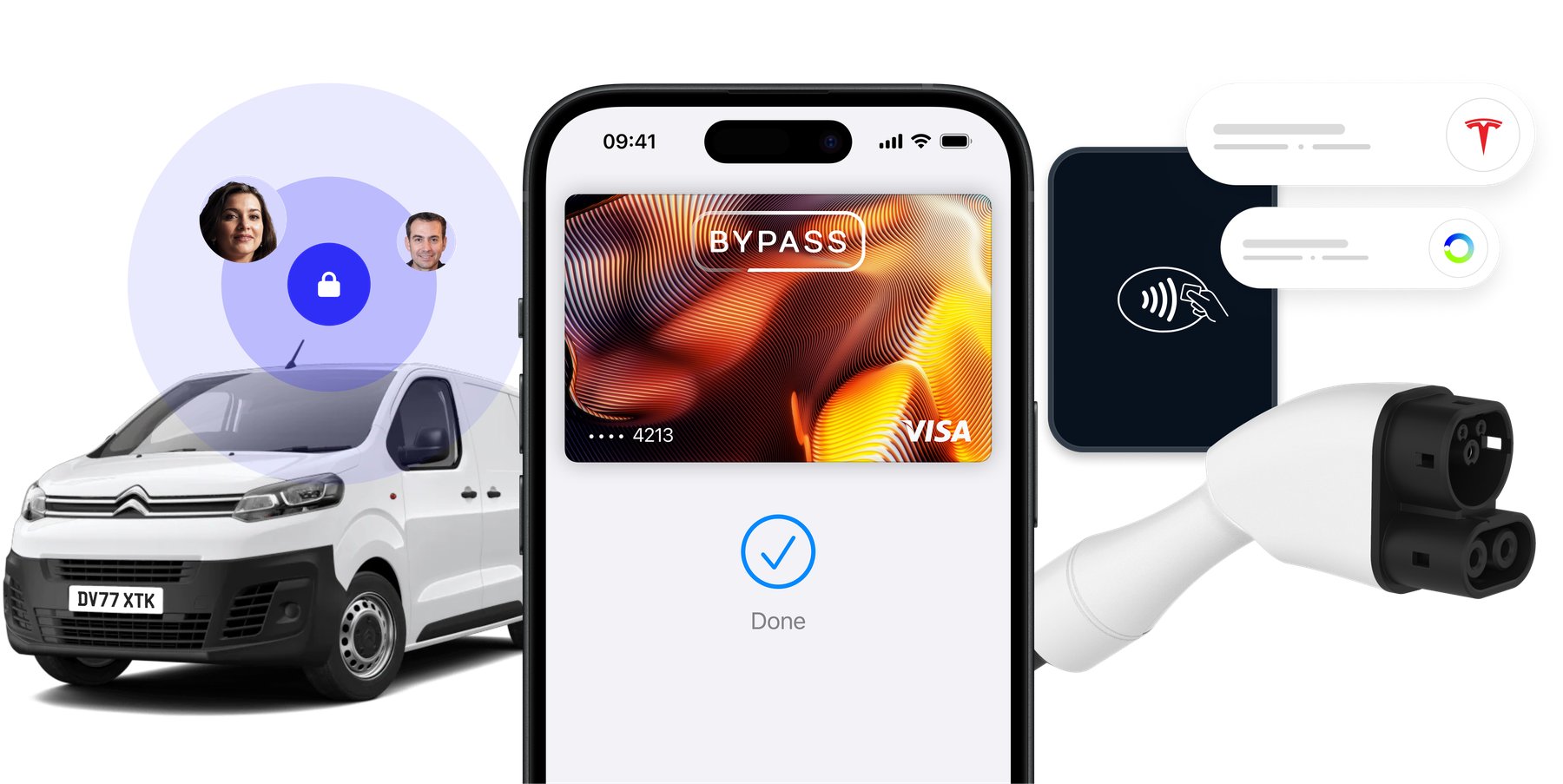 Where it ended up: a Bypass Visa card in the phone wallet, accepted at Tesla Superchargers and any contactless charger.