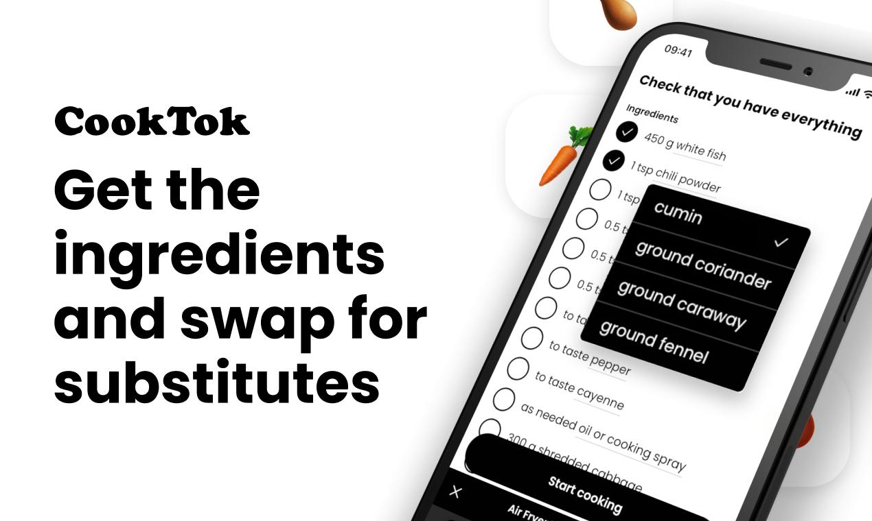 Ingredients as a checklist, each with swaps.