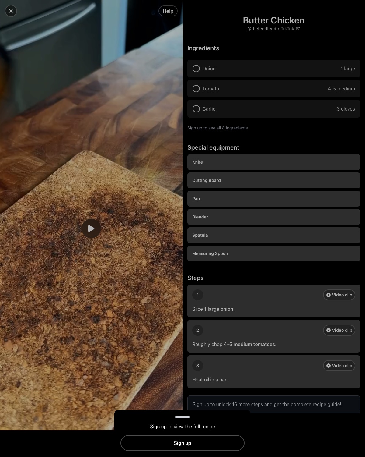 CookTok today: the Butter Chicken example shows three ingredients and three steps, then asks you to sign up. Screenshot, October 2026.
