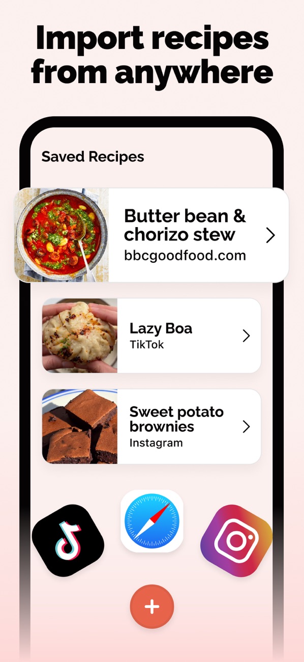 App Store screenshot: paste a TikTok, Instagram or web link and it lands in the shared Saved Recipes list.