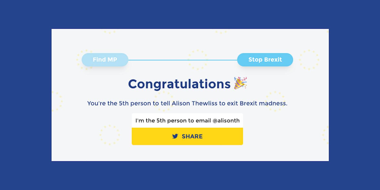 The payoff screen: you're the Nth person to write, with a tweet ready to tag your MP.