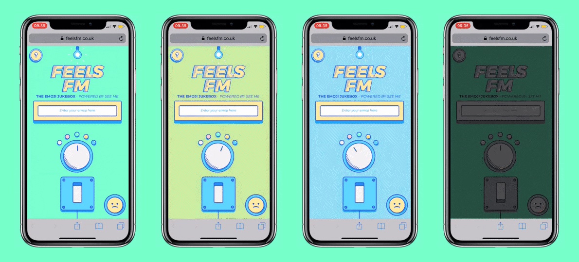 The mobile version in 2018. Turn the dial and the whole site changes colour; flick the switch and the lights go out. Frames from the Product Hunt gallery.