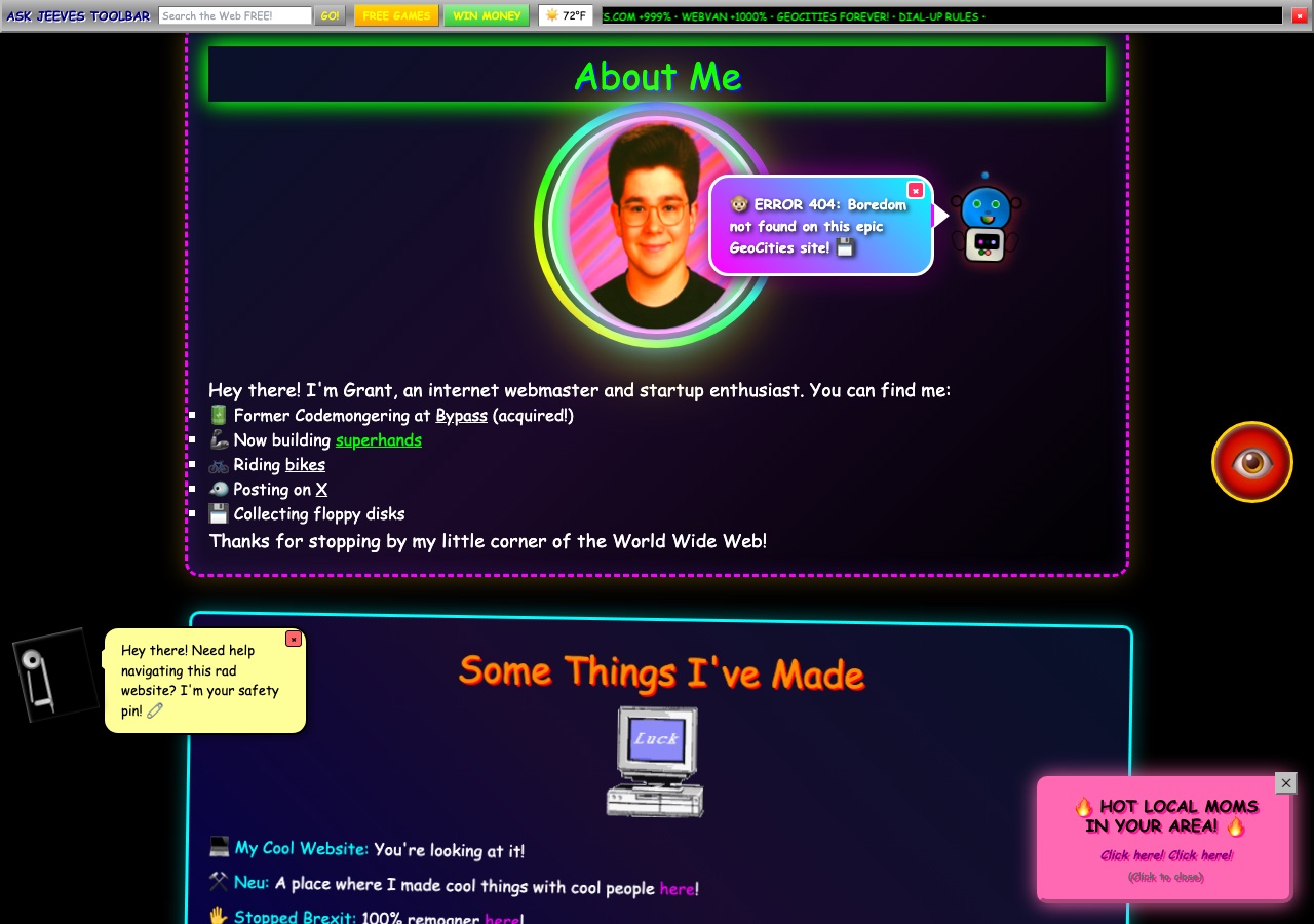 The GeoCities homepage, still up at /old: About Me, the safety-pin helper, a robot, and an ad for hot local moms.