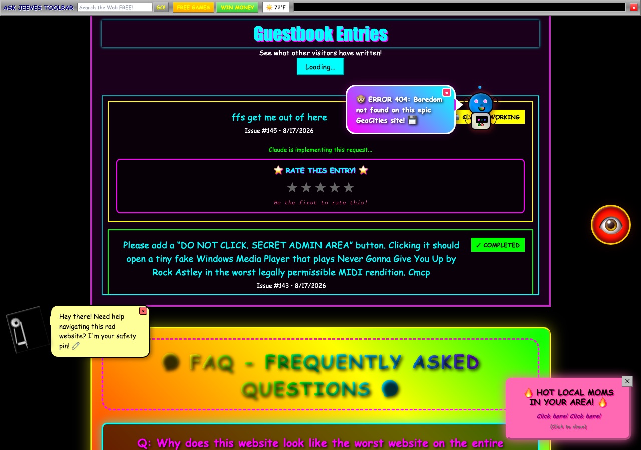Guestbook entries carry a GitHub issue number and a status. Issue #143 asked for a secret admin area and got one.