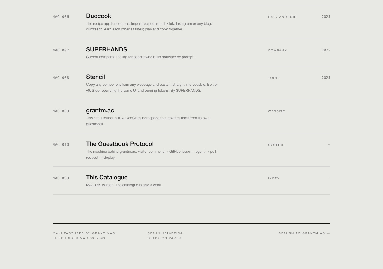 The catalogue at /build files the homepage as MAC 009, the machine behind it as MAC 010, and itself as MAC 099.