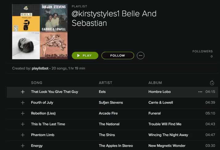 The output: 20 songs, named after whoever asked and the artist they gave, created by a Spotify user called playlistbot. Screenshot from The Next Web.
