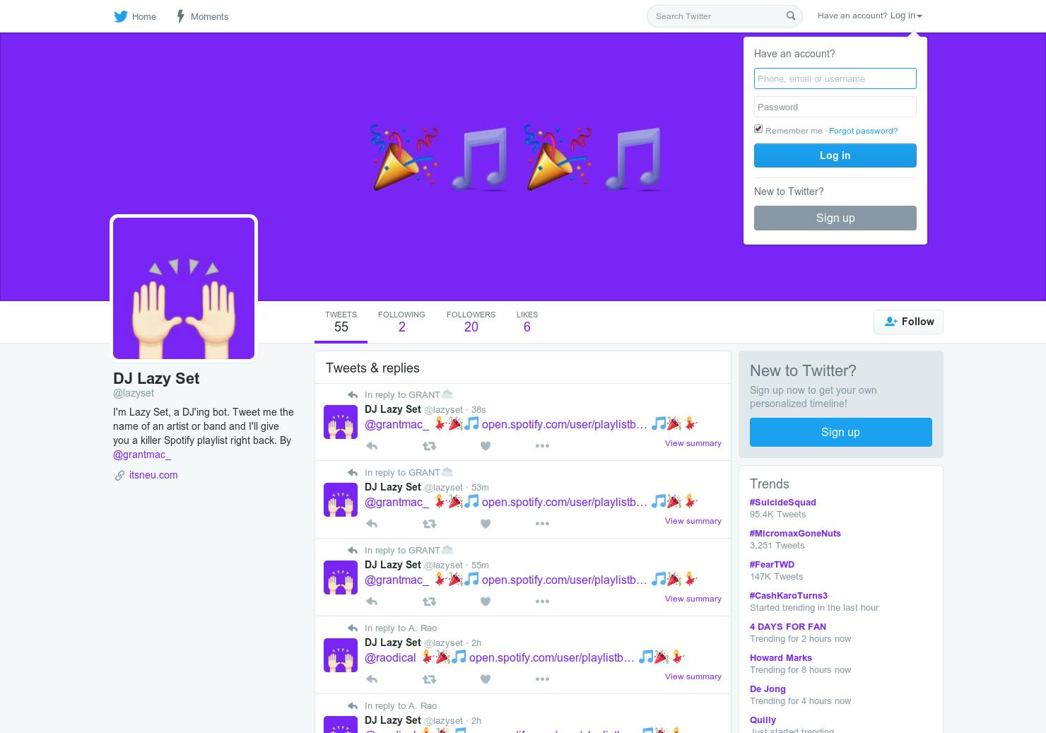 DJ Lazy Set on Twitter, April 2016: name a band, get a Spotify link back. From the Product Hunt gallery.