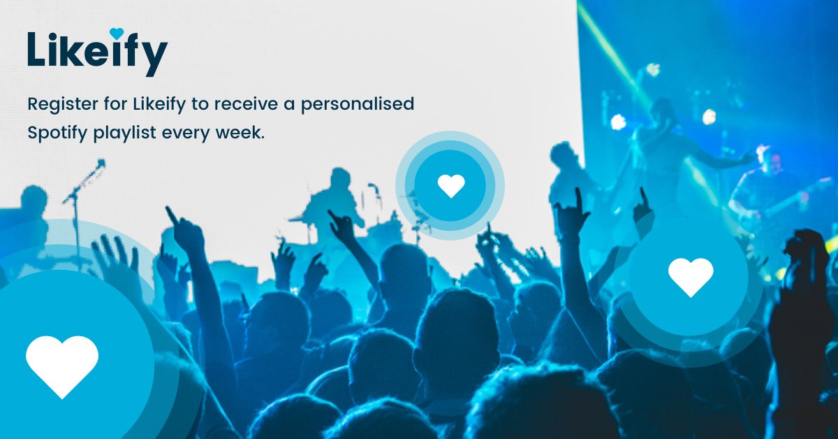 Likeify's launch card, tweeted from @lazyset in August 2016: "Register for Likeify to receive a personalised Spotify playlist every week."