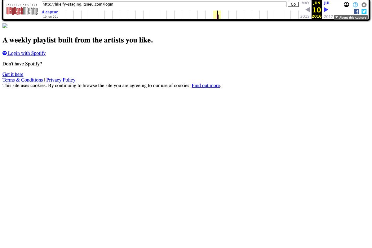 The whole product, June 2016: one headline and a Login with Spotify button. The Wayback Machine never saved the CSS, so this is it in its underwear.