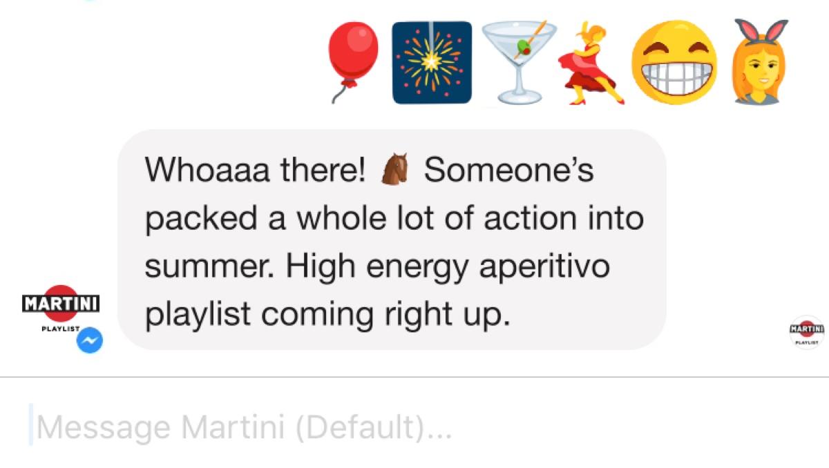 Six emojis in, one mood read back: the Martini DJ bot on Messenger, October 2016. From the Direct New Ideas entry.