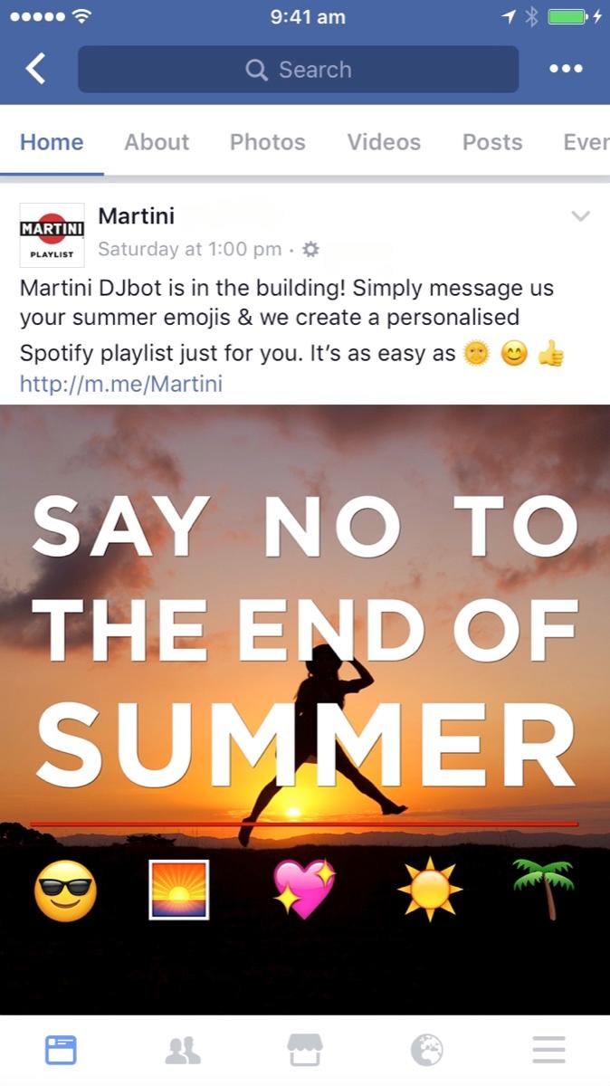 The Facebook post that sent people to the bot: "Say no to the end of summer", linking to m.me/Martini.
