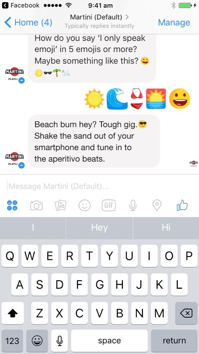 The chat: "How do you say 'I only speak emoji' in 5 emojis or more?" Sun, wave, bikini, sunset, grin gets "Beach bum hey? Tough gig."