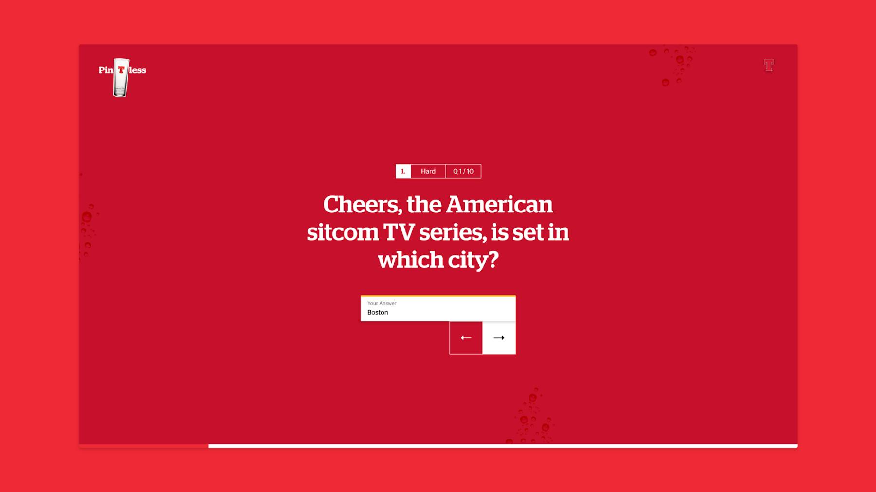 One question per screen, with difficulty and progress shown up top.